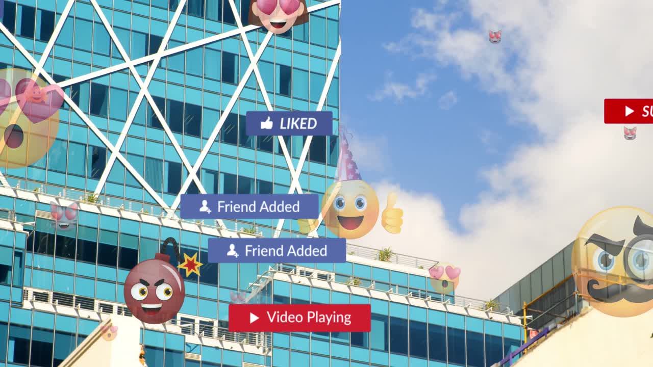 도시 풍경 위의 텍스트와 함께 이모지 아이콘의 애니메이션