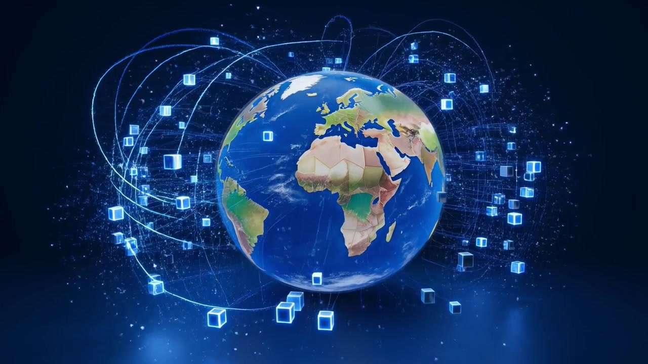 Planet Bumi Dikelilingi oleh Kubus Jaringan Data Digital