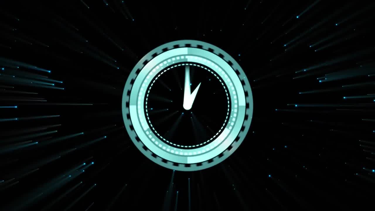 Animation of circular scope and digital interface with turning clock hands on black background