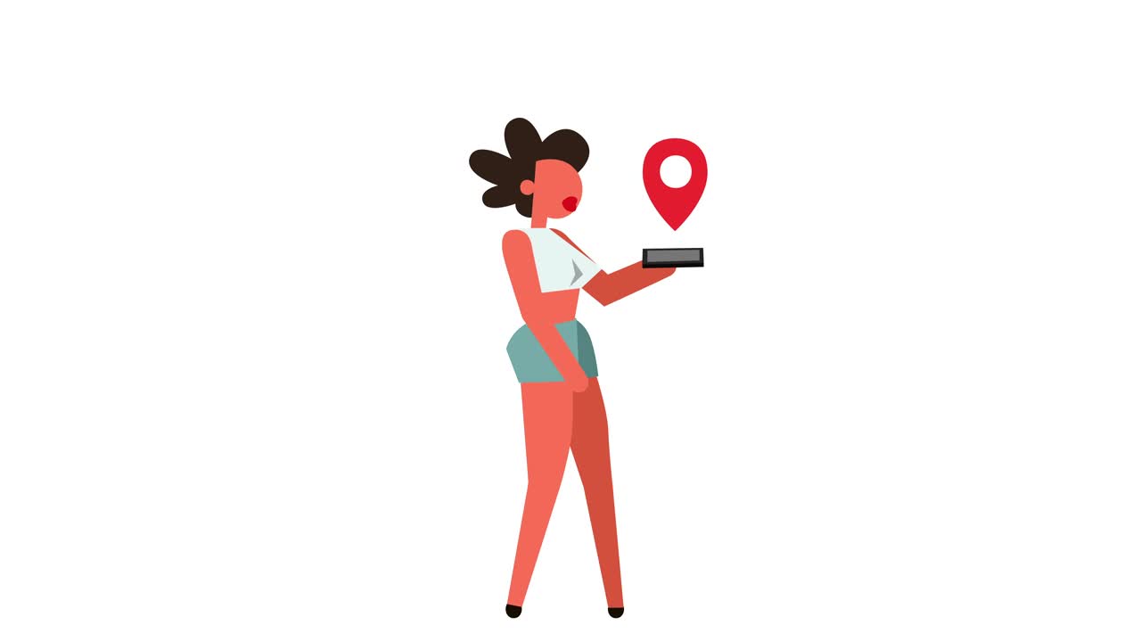figura pictograma de palo color mujer chica personaje caminando con gps navegador animación de dibujos animados