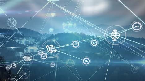 a digital animation of a network of connections over a landscape