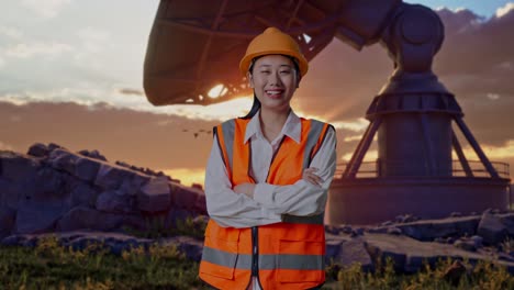 asian female engineer with safety helmet crossing her arms and smiling to camera while standing with large satellite dish