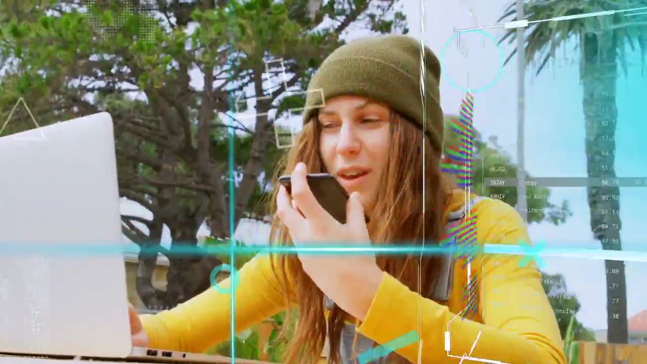 Vertical video: Student reaching phone, typing laptop, speaking into phone, glitch HUD overlaying