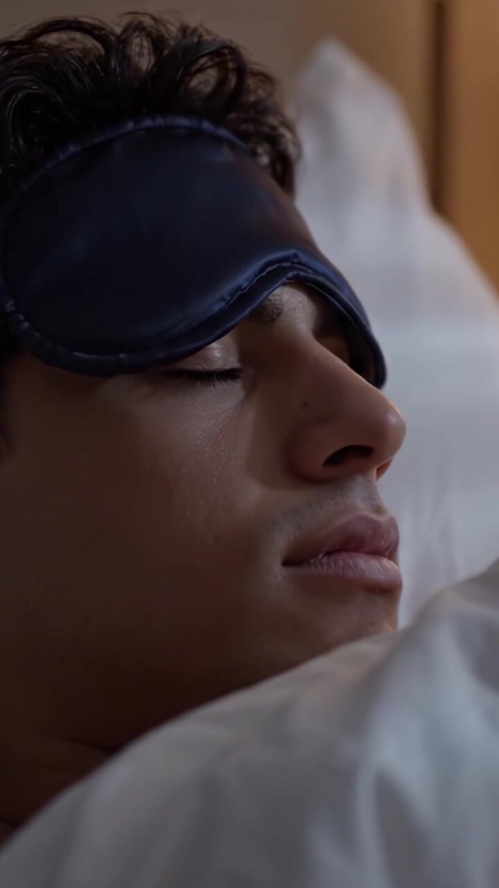 Sonno tranquillo: Un primo piano di un giovane che riposa comodamente con una maschera per dormire in un letto accogliente, sottolineando serenità e relax