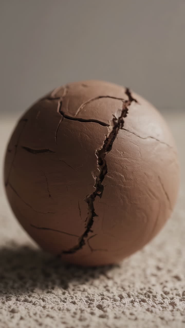Close-up of a cracked brown sphere