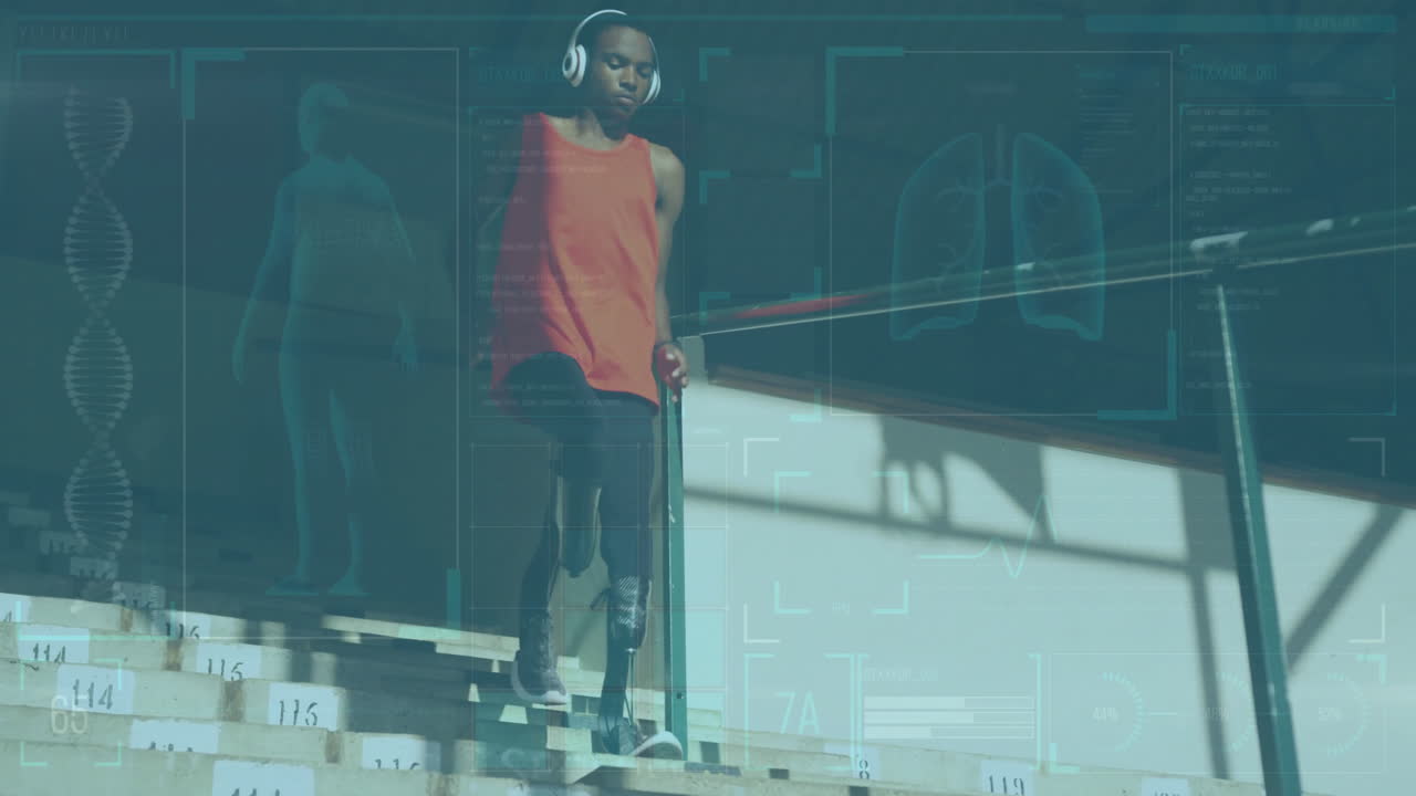 Medical data and DNA analysis animation over person with prosthetic legs walking downstairs