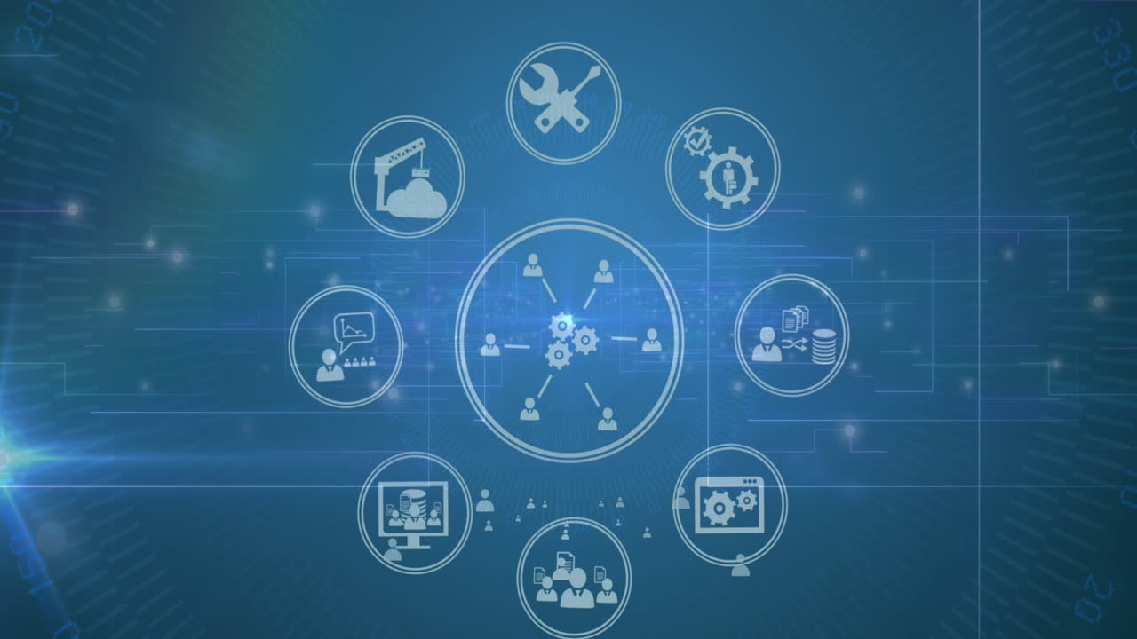 푸른 배경에 회전하는 디지털 아이콘과 반이는 연결 점의 애니메이션