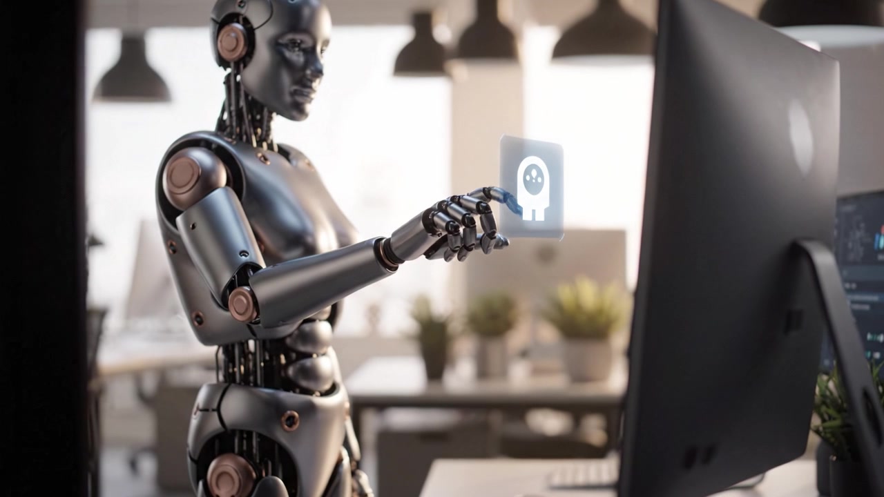 Un robot futuristico interagisce con la tecnologia digitale in un moderno ambiente d'ufficio, mostrando innovazioni avanzate di intelligenza artificiale e machine learning