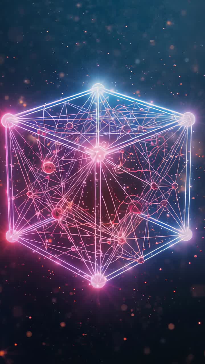 Video verticale: cubo al neon rotante che inizia dal primo fotogramma e rivela una rete di nodi pulsante nella nebulosa