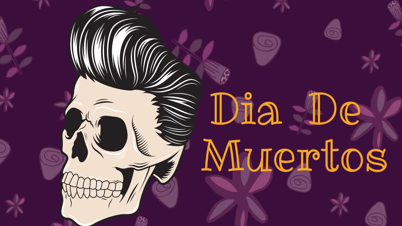 анимация dia de los muertos и черепа с волосами на фиолетовом фоне