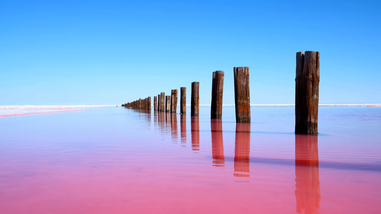 Pink Lake With Weathered Timber Posts Reflecting In Glassy Pink Water, Long Row Of Wooden Pylons Receding