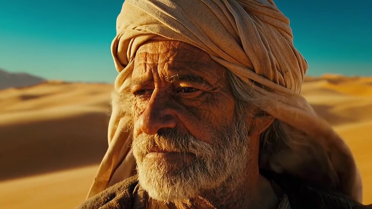 Ritratto ravvicinato di un anziano saggio con un turbante nel deserto