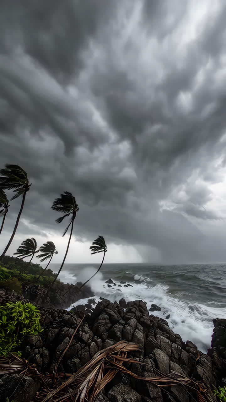 Stormy Coastline with Powerful Waves and Clouds
