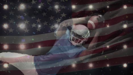 animación de un jugador de fútbol americano con bandera estadounidense en el fondo