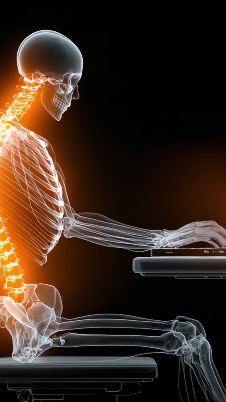 An X-ray Representation of a Human Skeleton Using a Computer, Highlighting Posture and Structure in a Digital Workspace Environment