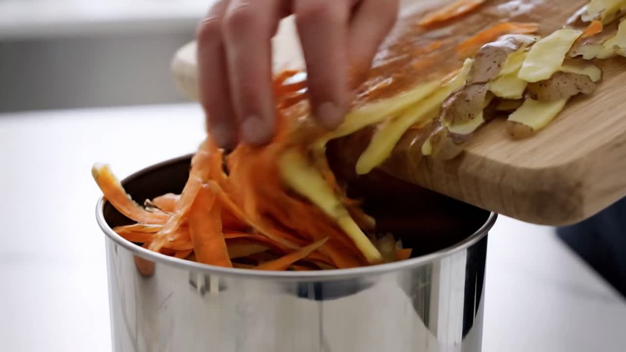 Person scraping vegetable peels off chopping board into compost bin