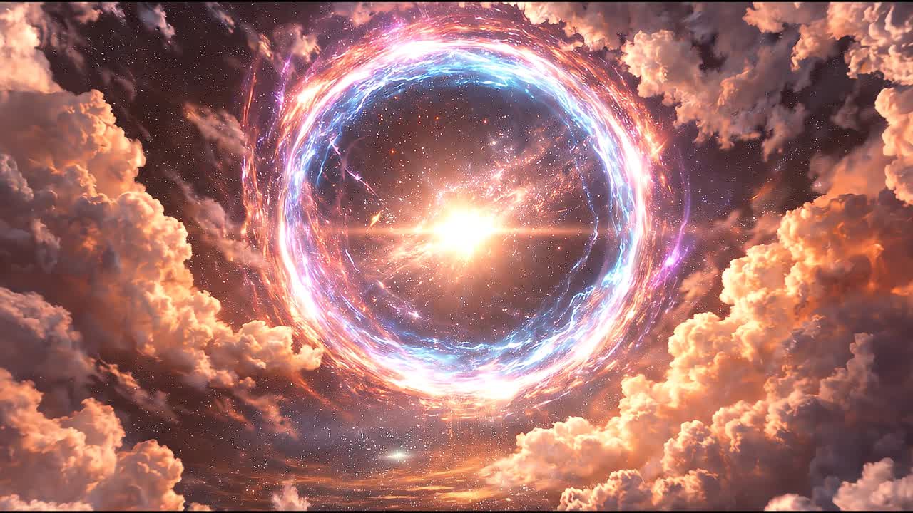 Portail cosmique lumineux se formant dans des nuages spectaculaires avec une lumière vive et une atmosphère spatiale fantastique.
