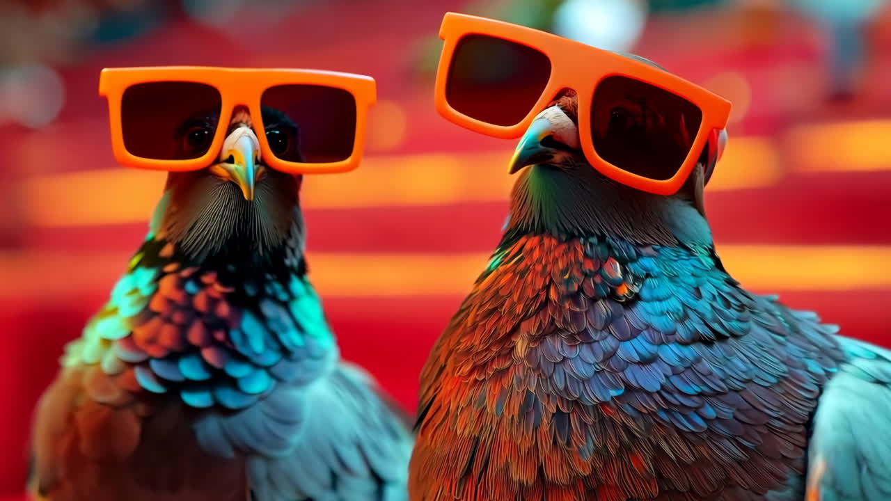 Pigeons Wearing Bright Orange Sunglasses in Colorful Environment. Two pigeons don vibrant orange sunglasses, showcasing a quirky and colorful aesthetic.