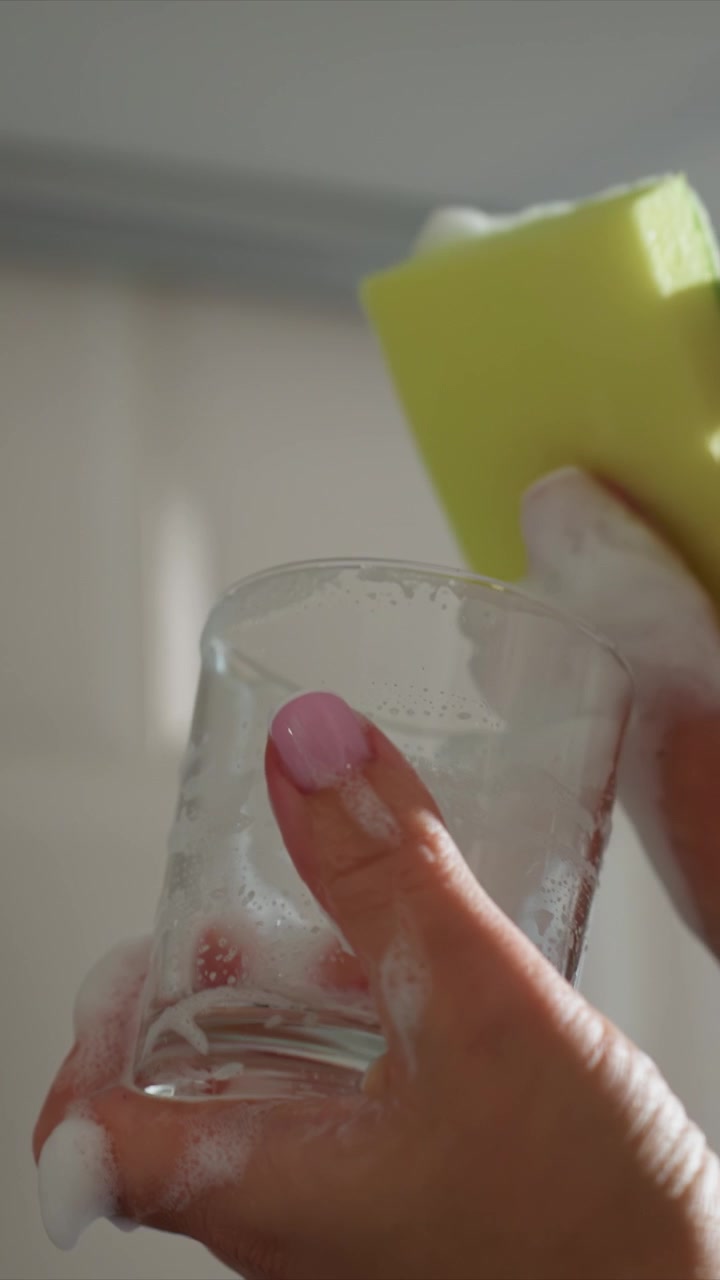 Primo piano di una mano con smalto rosa che strofina via le bolle di sapone da un vetro trasparente. La donna usa delicati movimenti circolari per pulire la superficie testurizzata, rivelando trasparenza e pulizia. Soffusa.
