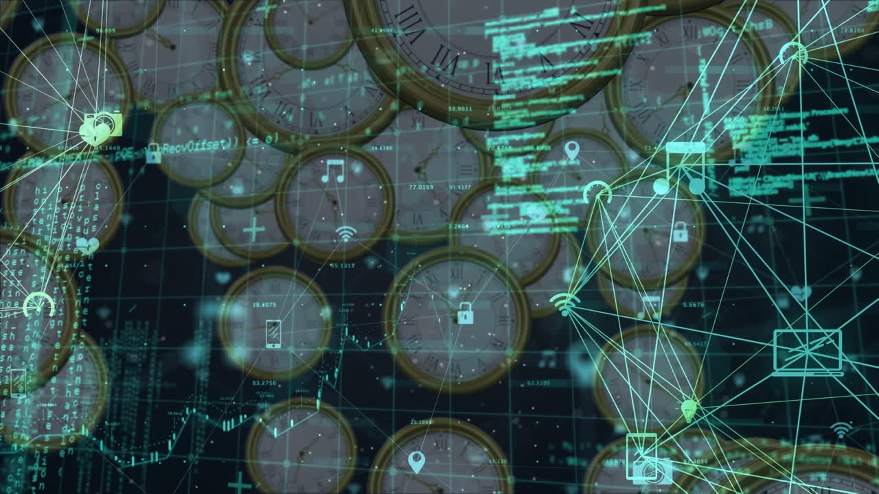 animación del procesamiento de datos sobre relojes flotantes