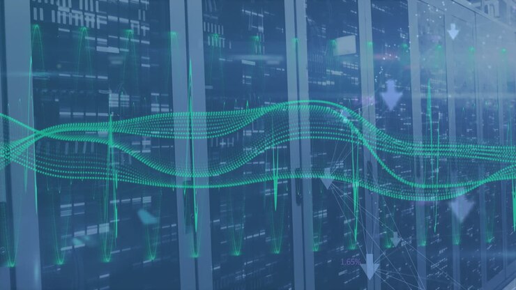 Animation of data processing and arrows over server room
