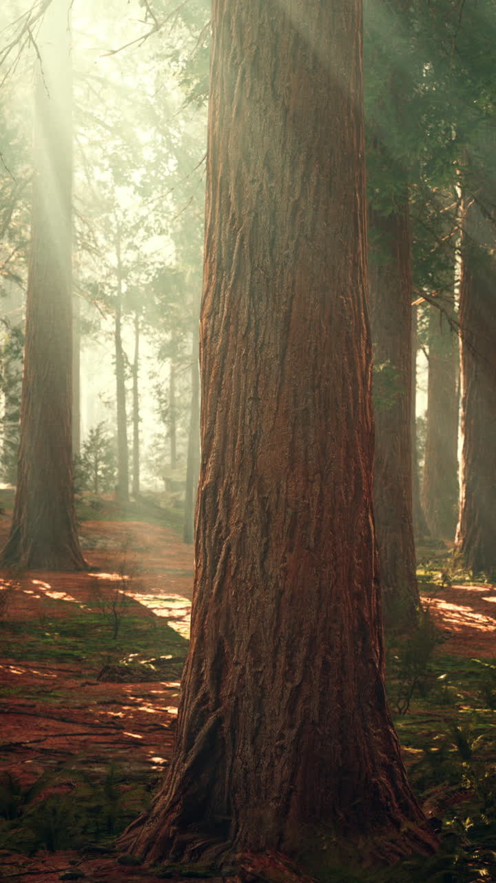 La luce del sole attraversa una foresta di sequoie