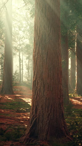 sunlight streaming through a redwood forest