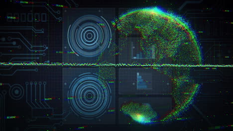 animation of scientific data processing and globe over dark background