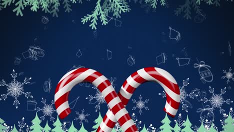 Animation-of-candy-canes-over-christmas-scenery-on-blue-background