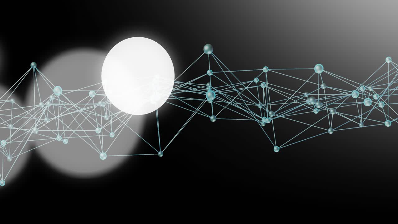 On appearing turquoise nodes pulsing drifting with white bokeh causing waves showing network flow