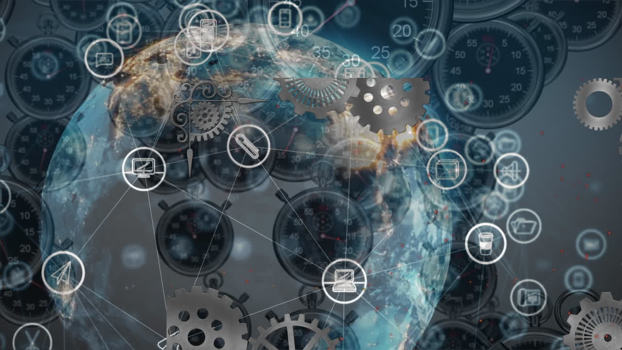 анимация глобальной сети медиа-икон и обработки данных над падающими часами