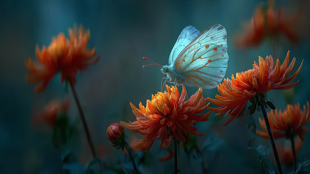 A delicate butterfly perches on vibrant orange flowers, capturing the essence of nature's beauty in a serene, enchanting garden setting filled with color and life