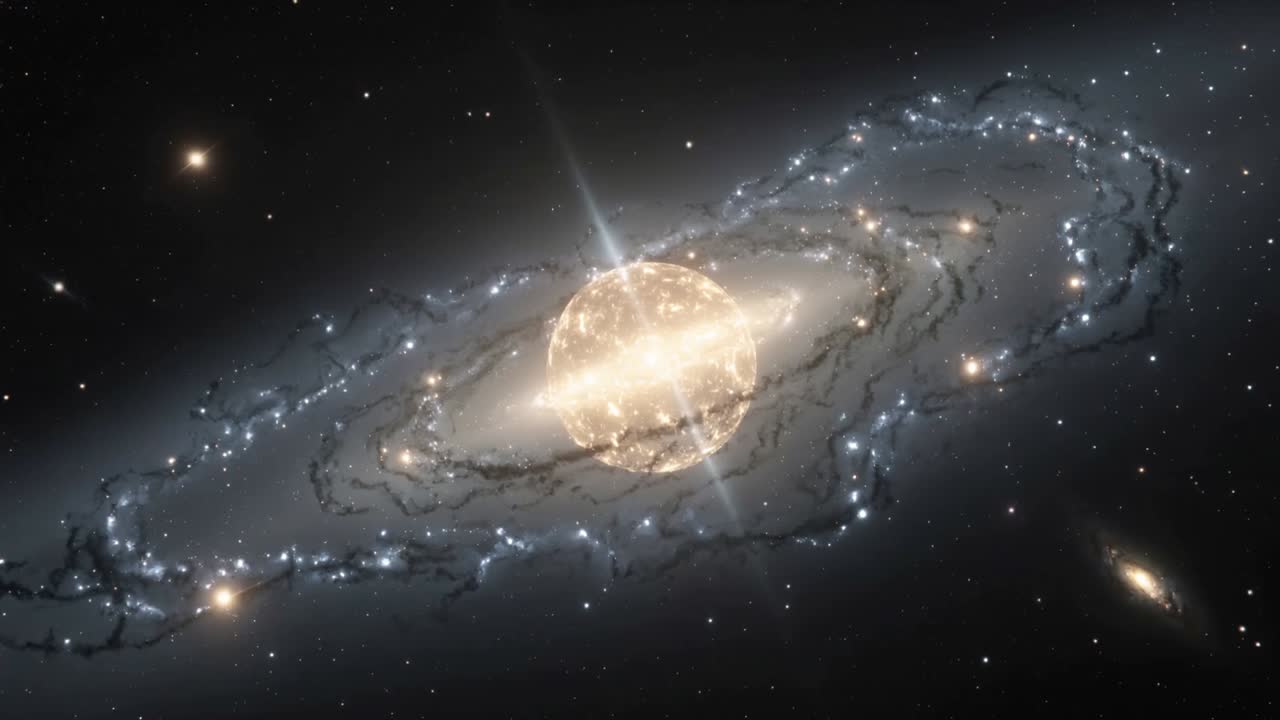Revealing spiral galaxy brightening central orb after viewpoint shift, showing lens flare in space