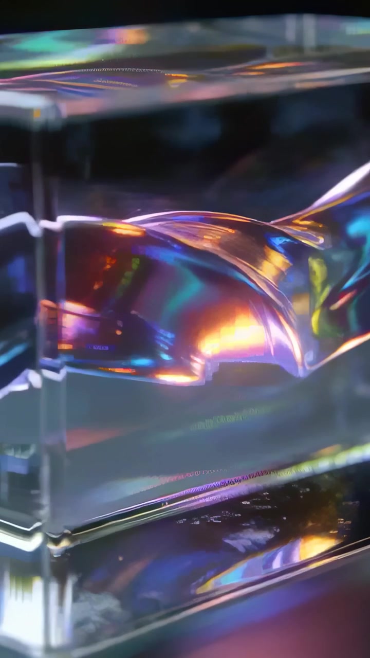 Vertical video: LED sweep moving ribbon inside clear block on shiny base, creating rainbow sheen
