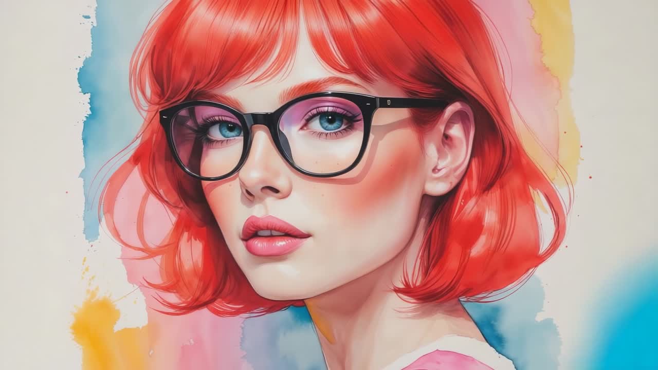 Showing red-haired woman wearing black glasses pink top watercolor wash turning yellow, cyan blocks