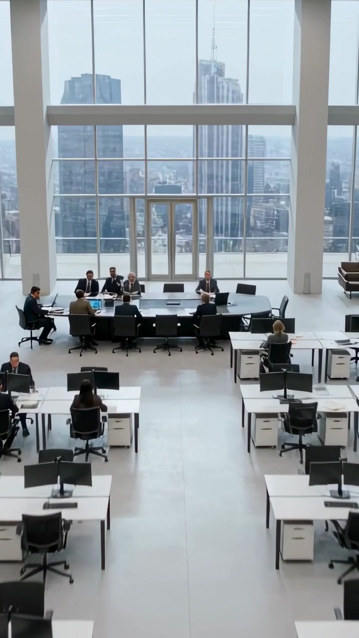 Video vertikal: Kamera bergerak mendekat, manajer berjas memeriksa laptop dan dokumen di kantor.