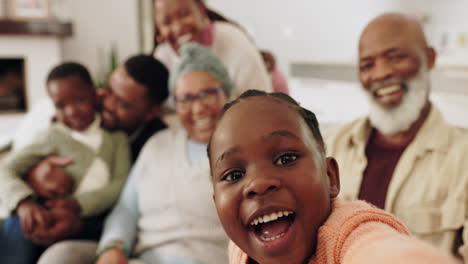 black family, selfie and happy on sofa at home