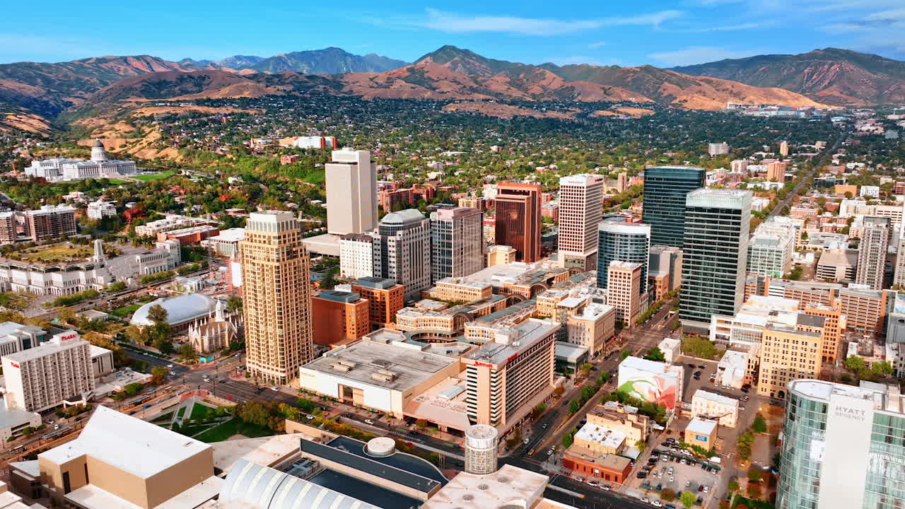 Salt Lake Sity USA, 1 August 2025: Salt Lake City Downtown from Above. A detailed top-down style aerial image capturing downtown Salt Lake City