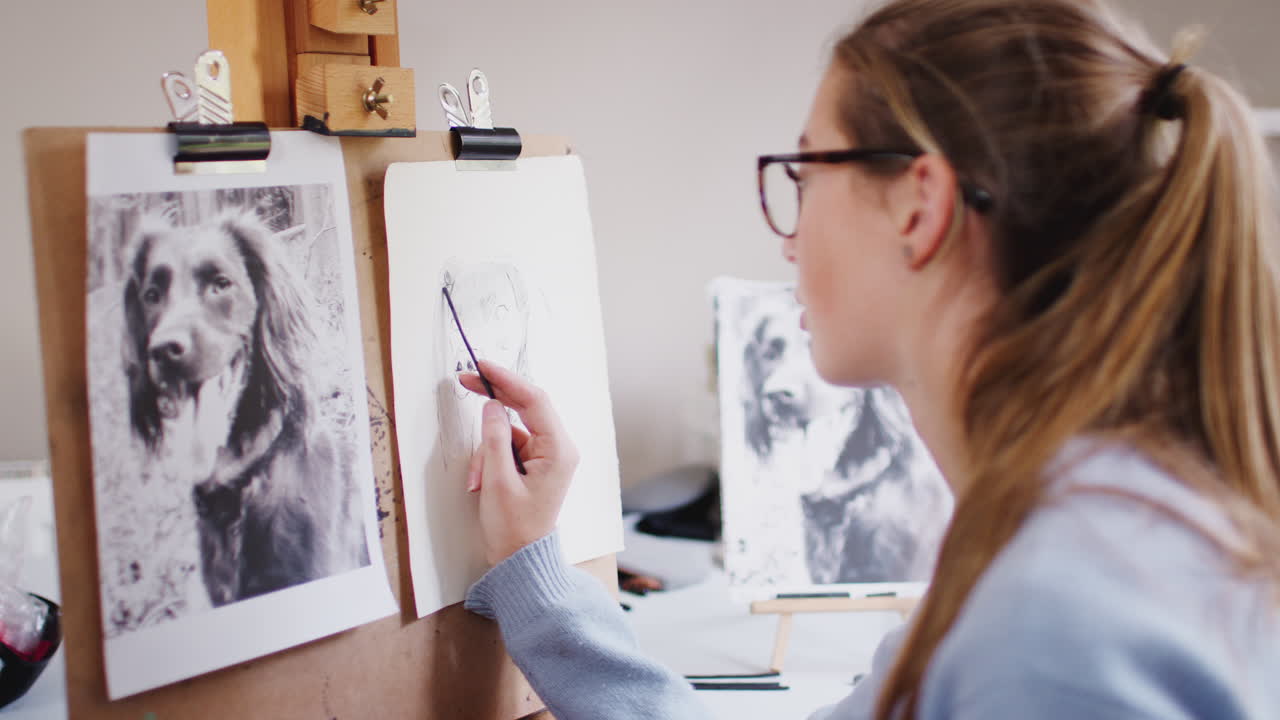 십대 여성 예술가 가 석탄 에 있는 사진 에서 개 의 그림 을 그리는 좌석 에 앉아 있다