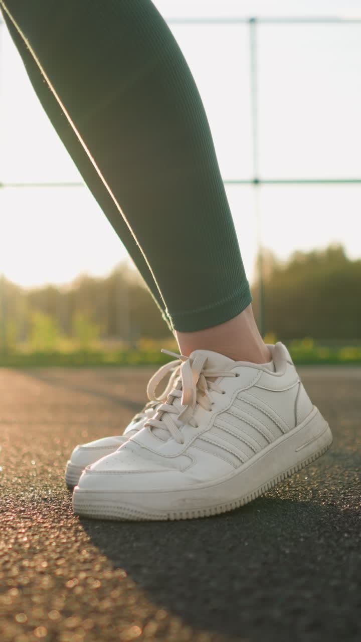 vista inferior de la pierna de la dama en leggings verdes saltando con la luz del sol creando un cálido resplandor dorado en el fondo, capturando un momento dinámico en la práctica de voleibol
