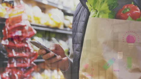 animación de datos financieros sobre las manos de un hombre caucásico que usa un teléfono inteligente mientras hace compras en el mercado