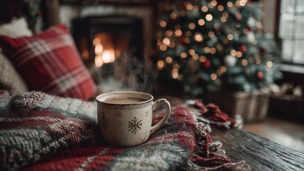 A cozy winter scene featuring a steaming mug of hot beverage placed on a festive plaid blanket, with a glowing fireplace and adorned Christmas tree in the background