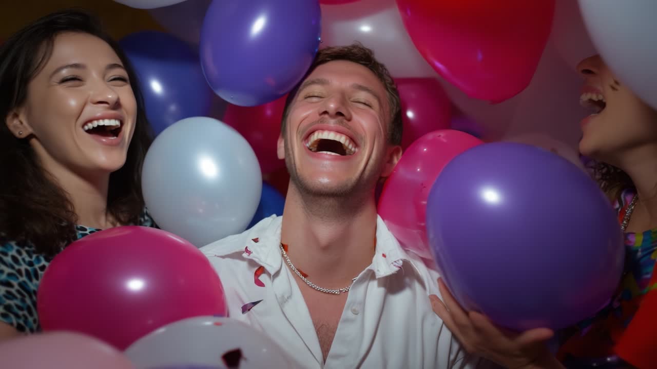 Momenti gioiosi circondati da palloncini colorati: una celebrazione di felicità, amicizia e risate immortalate in un’atmosfera vivace con volti allegri in un ambiente divertente
