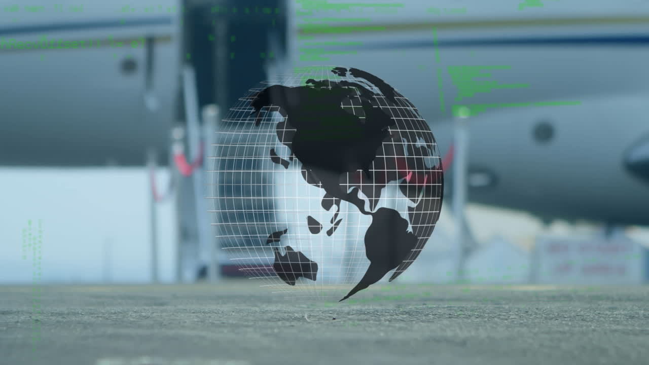Animation of globe and data processing over airport and traveler