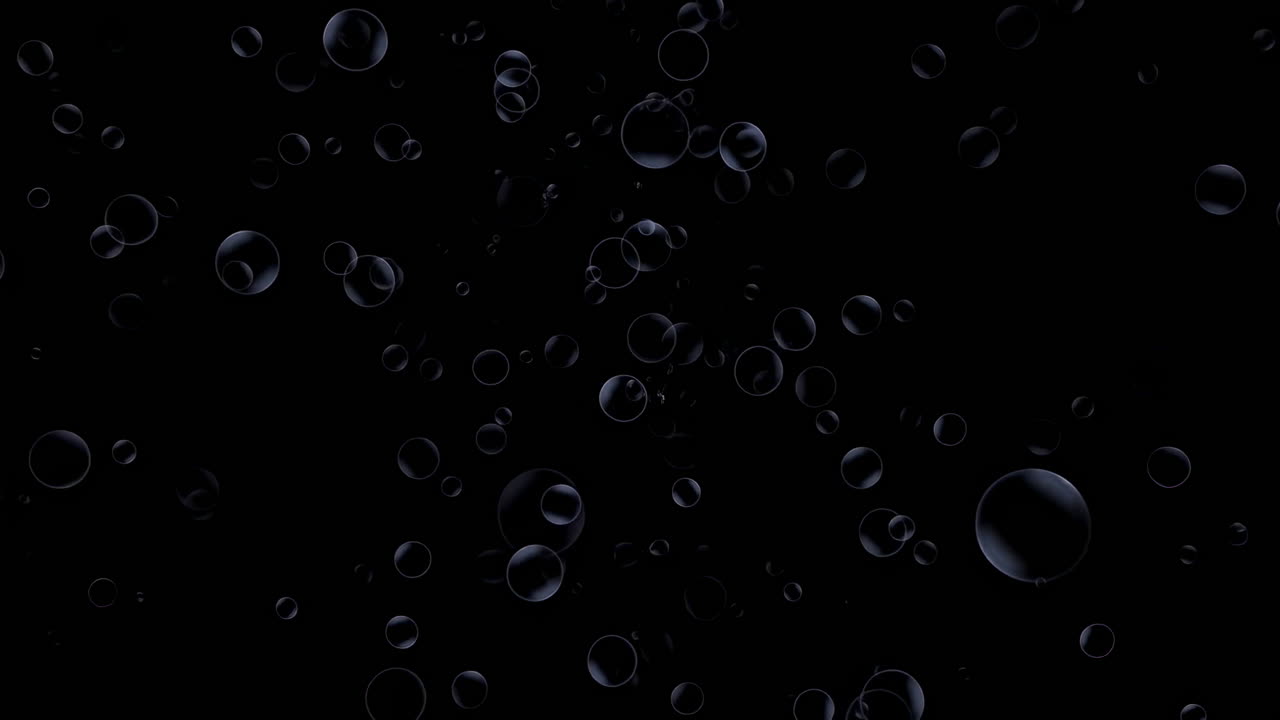 Dark Underwater Scene With Drifting Bubbles, Transparent Spheres Rising Slowly Through Black Water, Soft