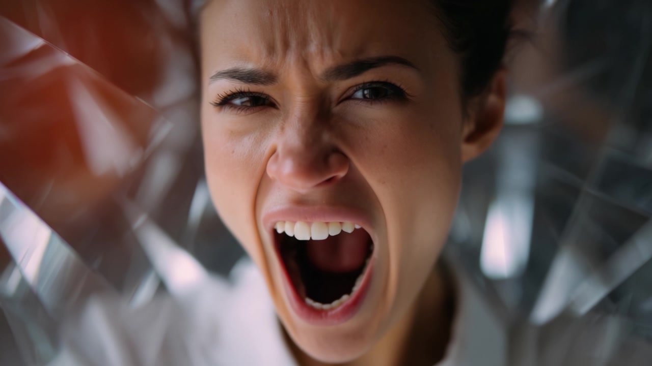 An Intense Expression of Rage and Emotion Captured in Two Consecutive Frames, Showing a Person Yelling in Front of a Shimmering Background