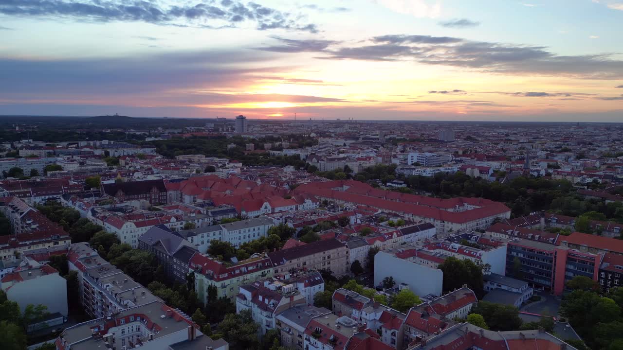 Aerial view of Berlin cityscape at sunset