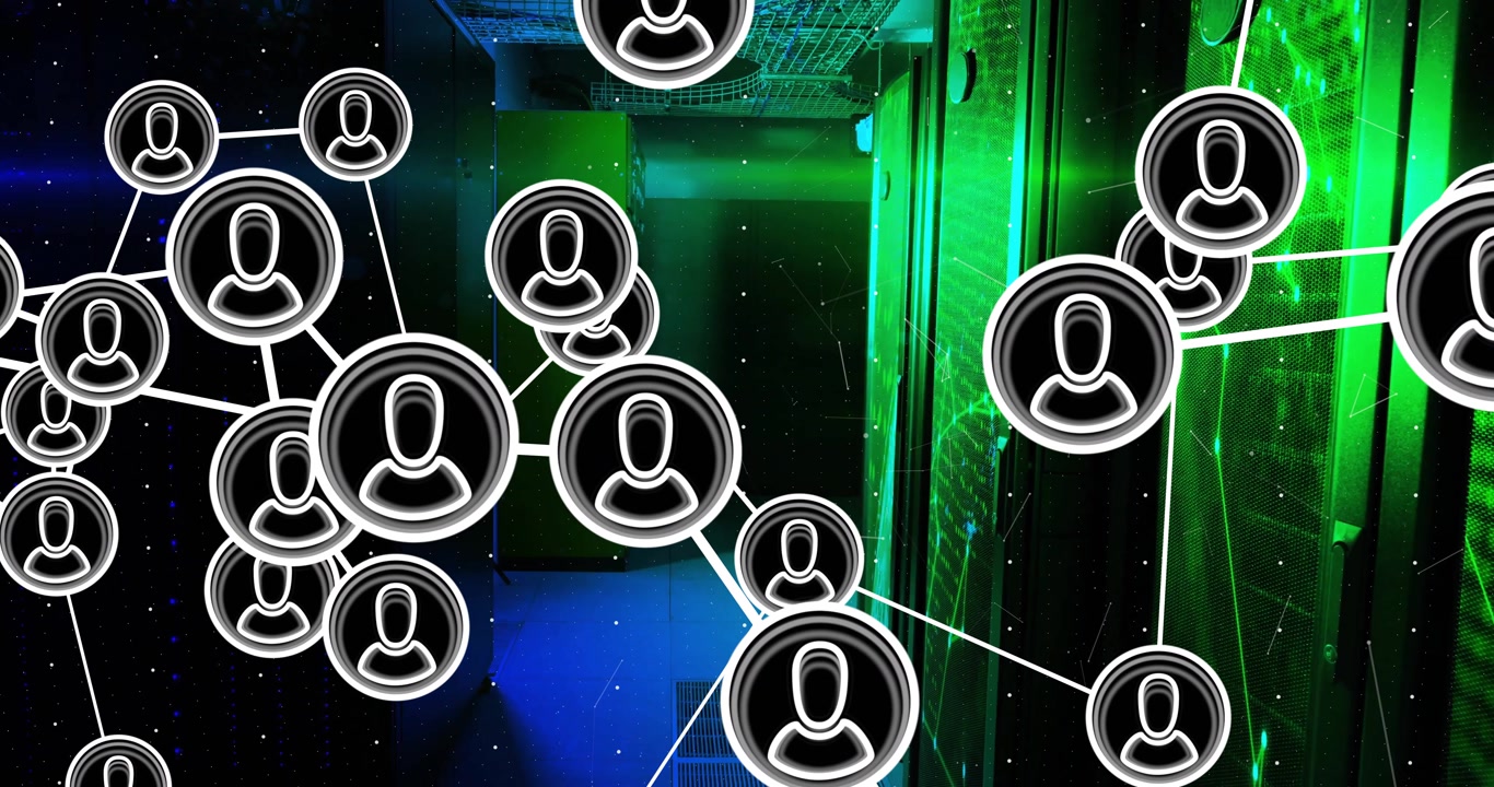 Drifting circles multiplying and linking into 3D user nodes then dispersing to show data flow