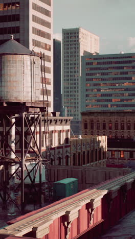 a rusty water tank on a rooftop overlooking a city skyline