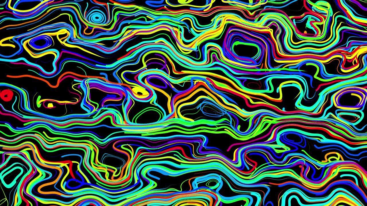 Sfondo astratto creativo in loop con linee arricciate come scie di colori diversi. Le linee formano un motivo vorticoso come un rumore riccio. Animazione 3D astratta, fluida e in loop come sfondo festivo luminoso e creativo.